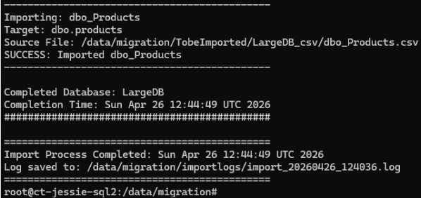Terminal output showing the successful completion of importing the dbo_Products CSV file into the target Postgres database.