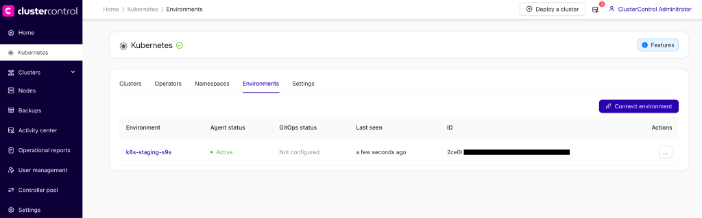 ClusterControl Kubernetes Environments management interface showing an active staging cluster k8s-staging-s9s.