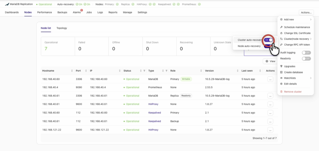 ClusterControl Actions menu showing cluster auto-recovery enabled for a MariaDB replication cluster.